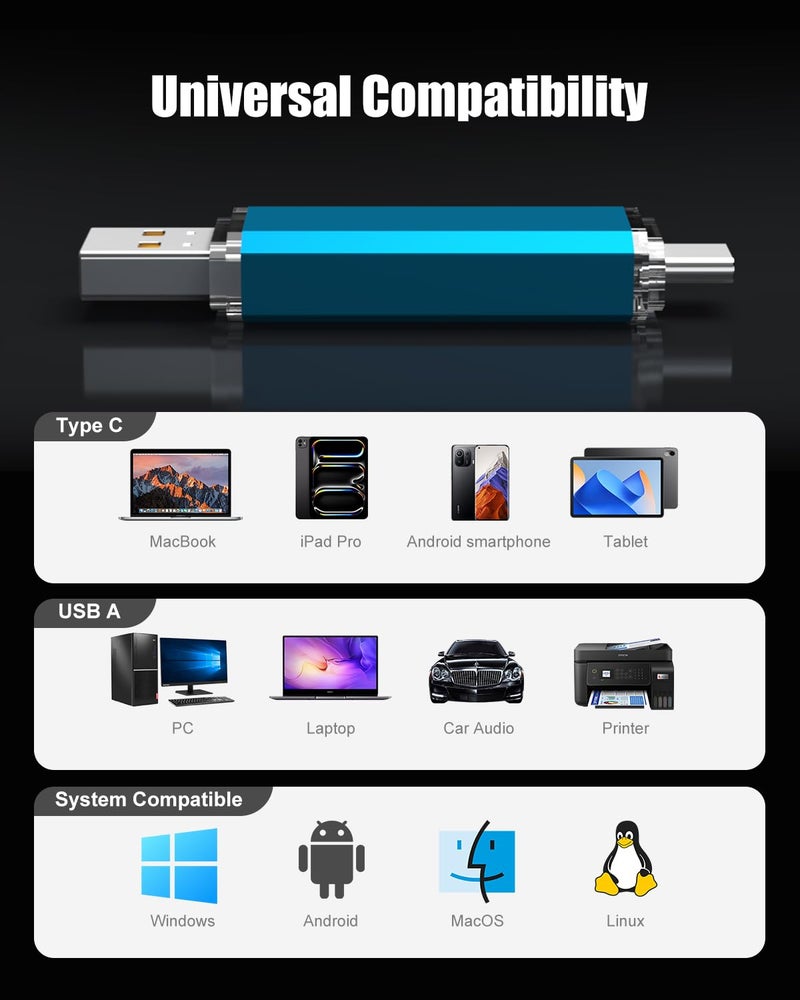 Kootion محرك فلاش KOOTION USB C سعة 128 جيجابايت 2 في 1 OTG USB 3.0/Type C محرك ذاكرة مزدوج USB C لهاتف ذكي/لابتوب/تابلت/كمبيوتر شخصي - 128 جيجابايت، أزرق - Image 5